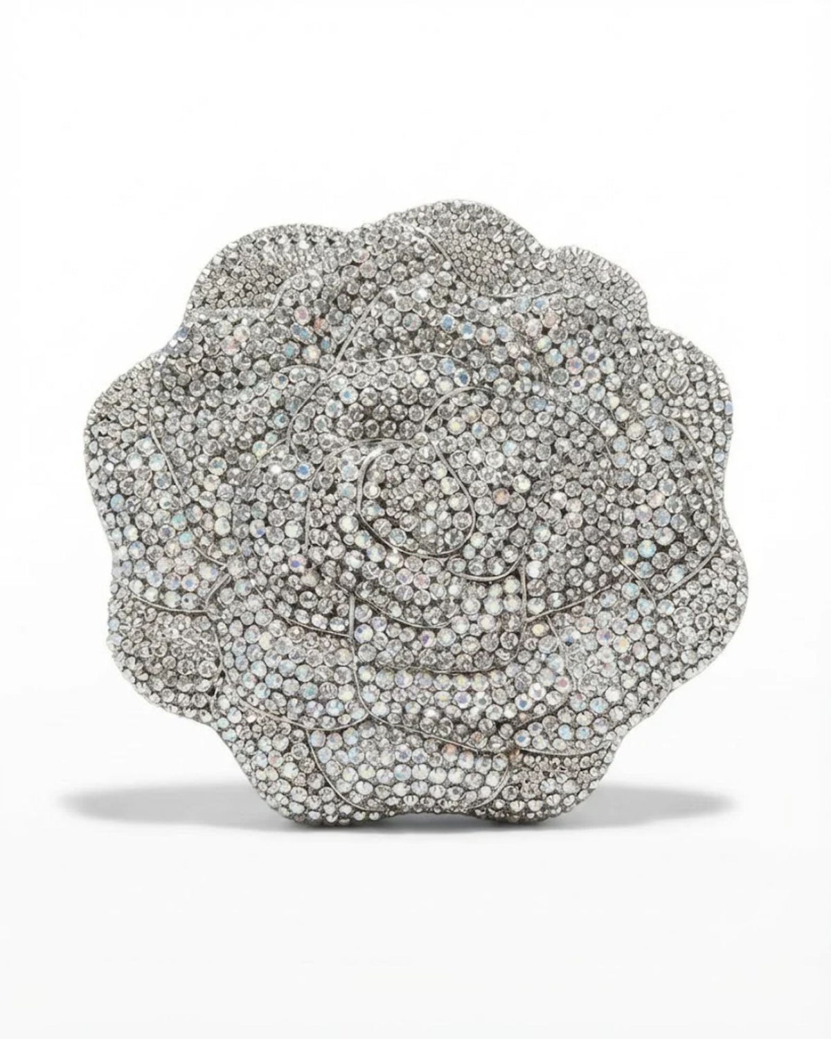 Silver crystal embellished clutch with curved front and ornate clasp