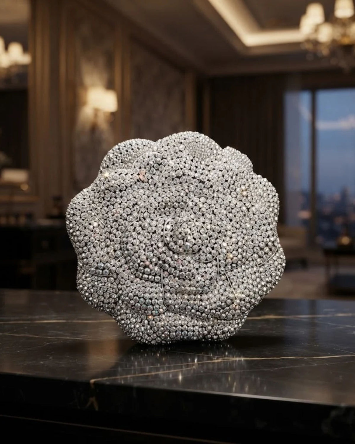 Silver rhinestone evening clutch, rounded sculpted silhouette on table