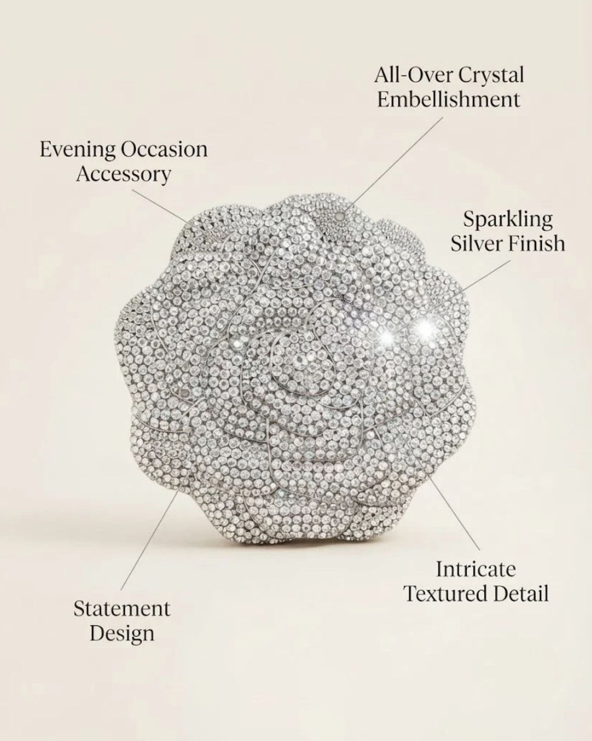 Silver crystal embellished statement clutch with sculpted shell design