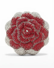 White and red rhinestone rose clutch bag, scalloped petal edges