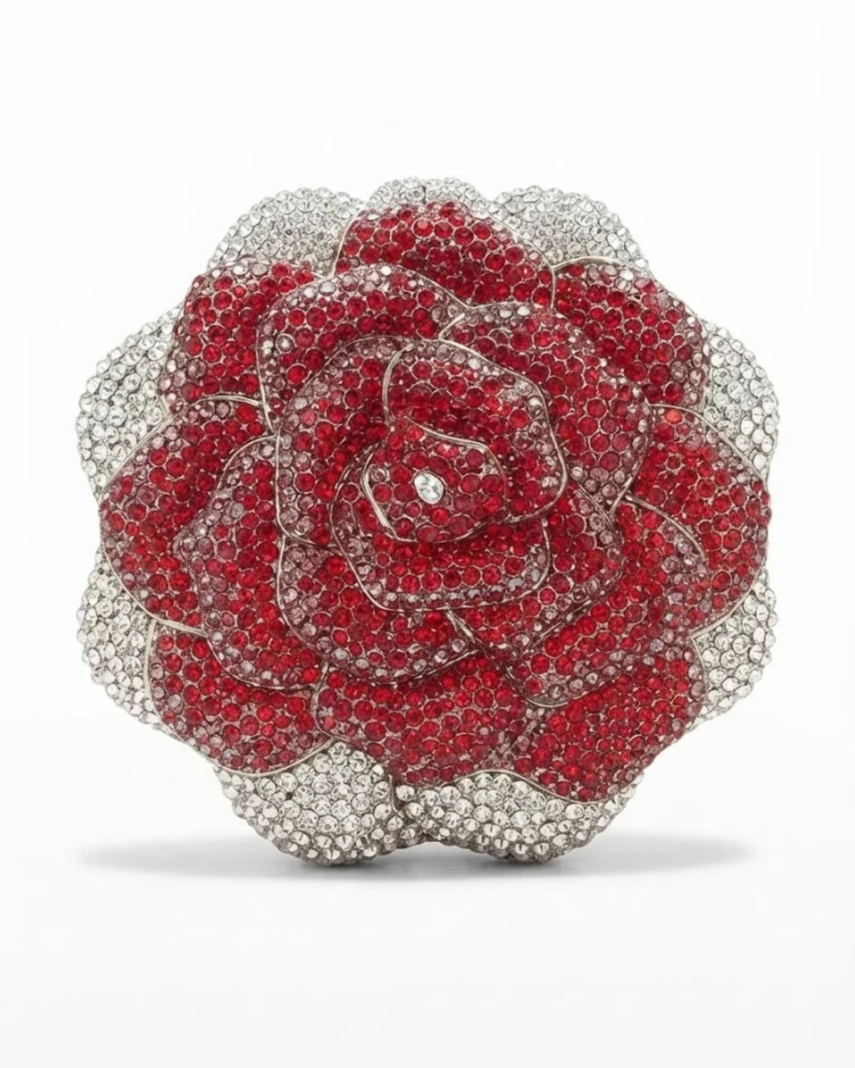 White and red rhinestone rose clutch bag, scalloped petal edges