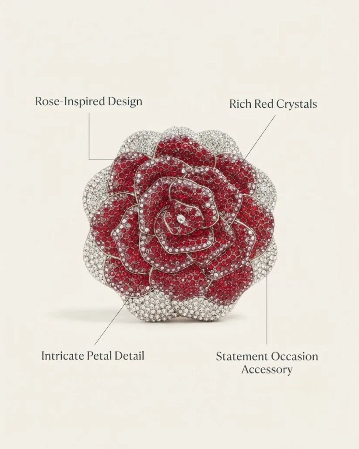 Crystal rose clutch bag with red center and silver-toned outer petals
