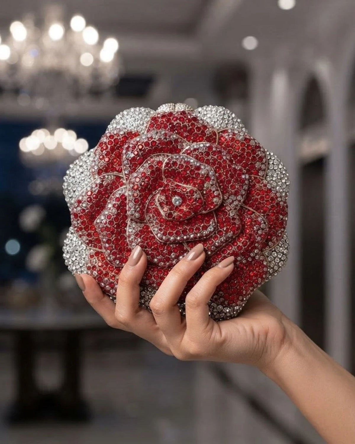 Red and clear crystal rose clutch bag held in hand, jeweled petal design