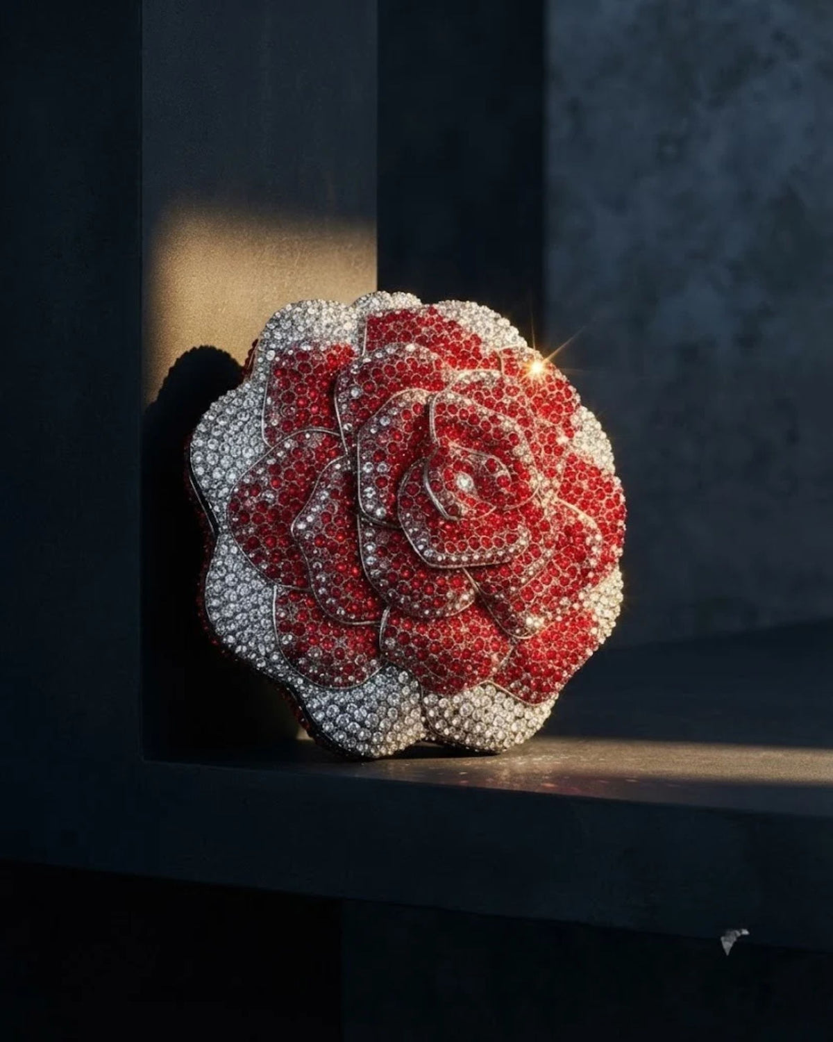 Rhinestone rose clutch bag with red and clear crystal petals, no chain
