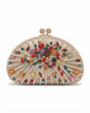 Gold-tone crystal clutch with multicolour rhinestone floral rays and round bar clasp, half-moon shape
