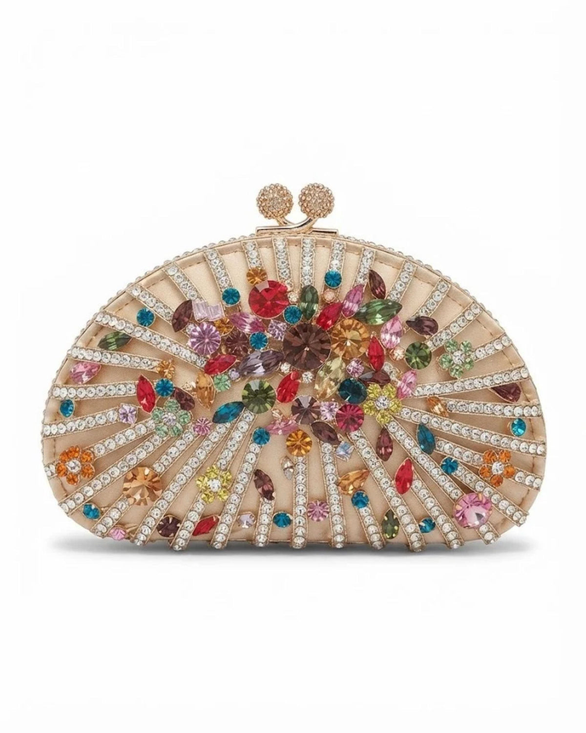 Gold-tone crystal clutch with multicolour rhinestone floral rays and round bar clasp, half-moon shape