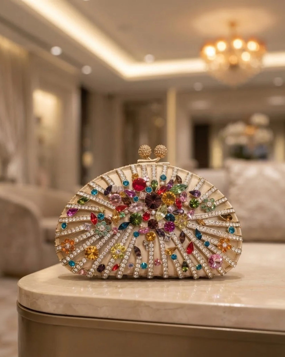 Champagne gold crystal clutch with multicolour gem fan detailing, round top clasp on stand