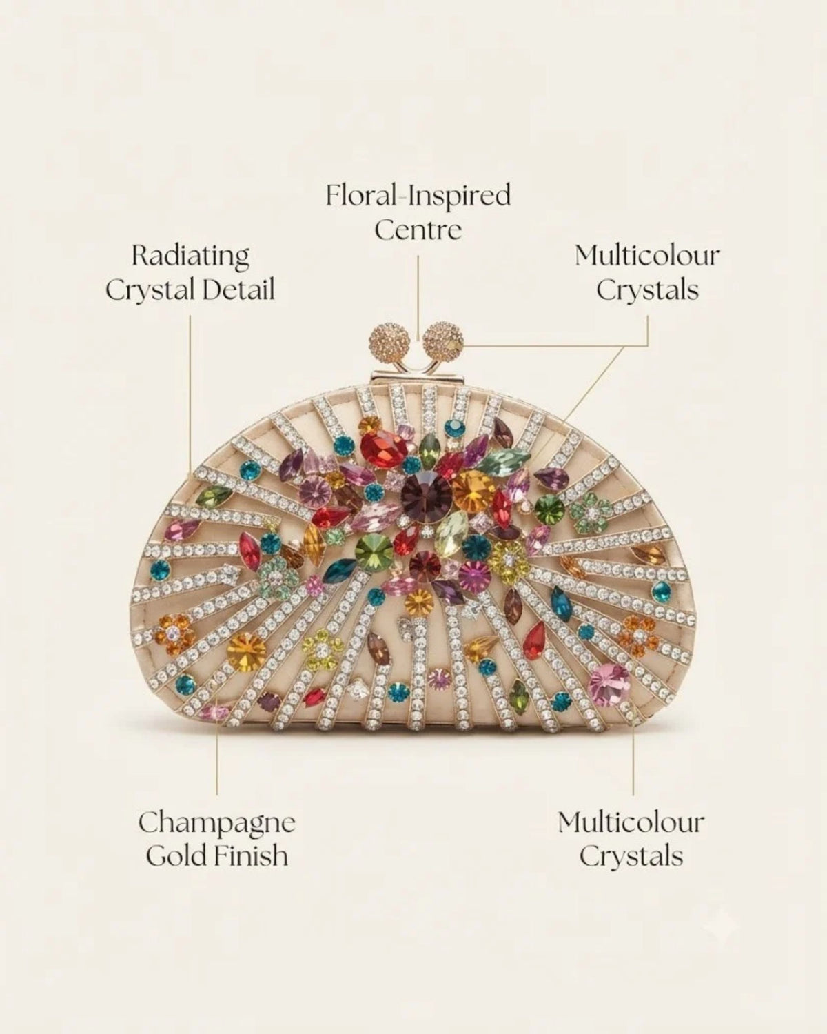Floral-inspired champagne gold crystal clutch with multicolour rhinestones, half-moon frame shape