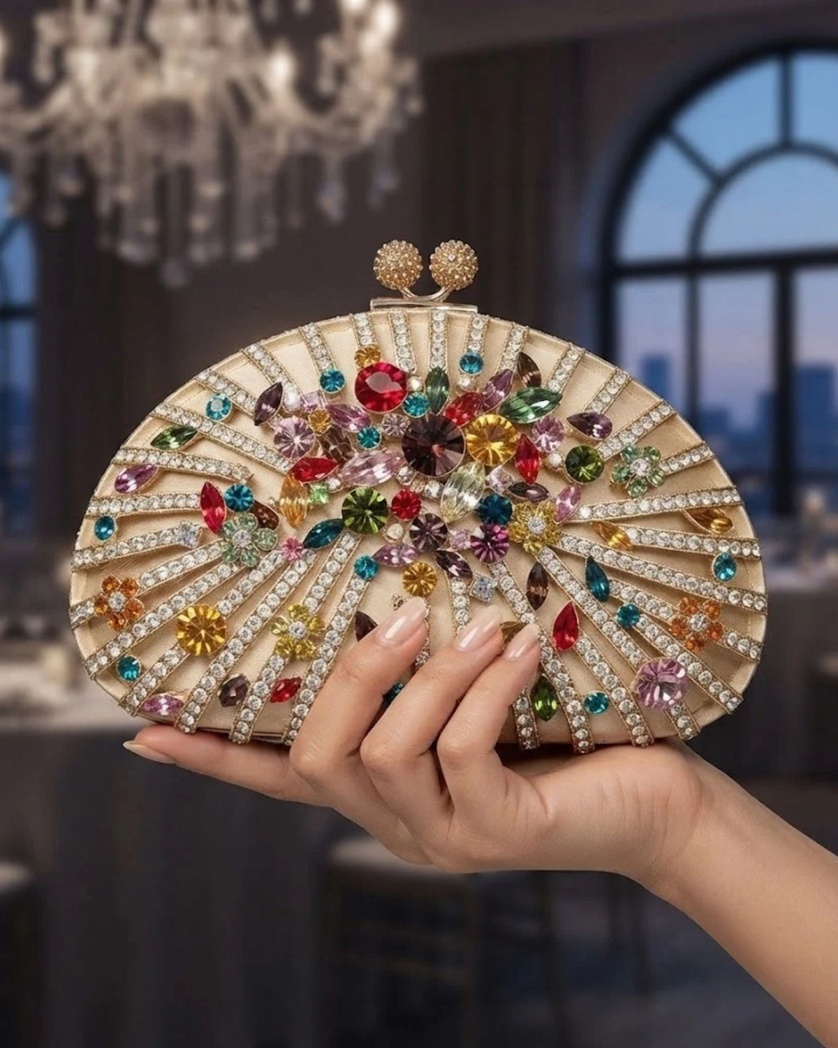 Multicolour rhinestone evening clutch with ornate fan pattern and top bar clasp, held in hand