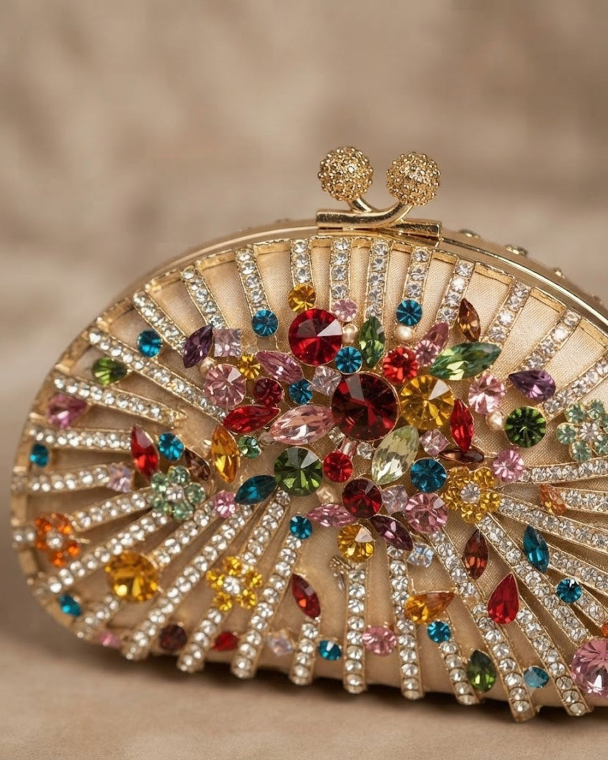 Champagne gold crystal clutch with multicolour rhinestone floral fan design, round frame clasp