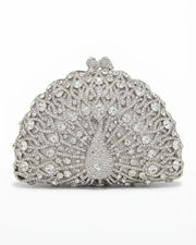 Silver rhinestone crystal clutch bag with fan pattern and sparkling crystal embellishments