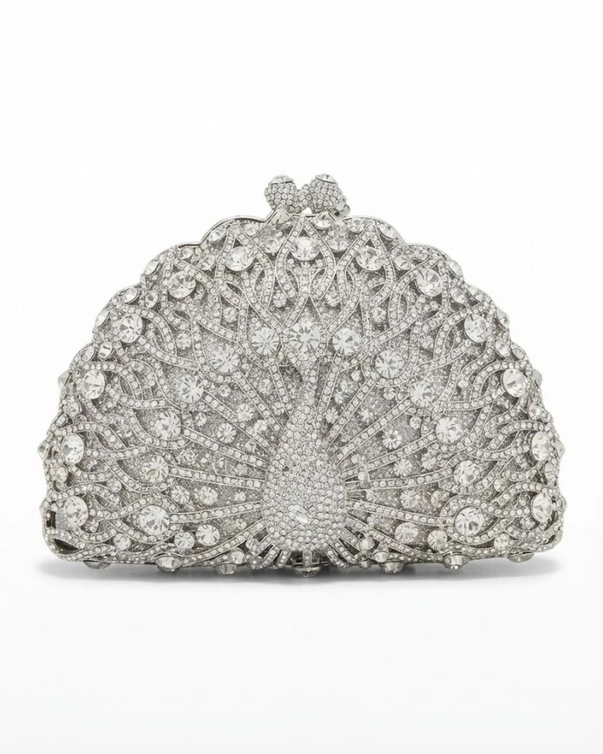 Silver rhinestone crystal clutch bag with fan pattern and sparkling crystal embellishments