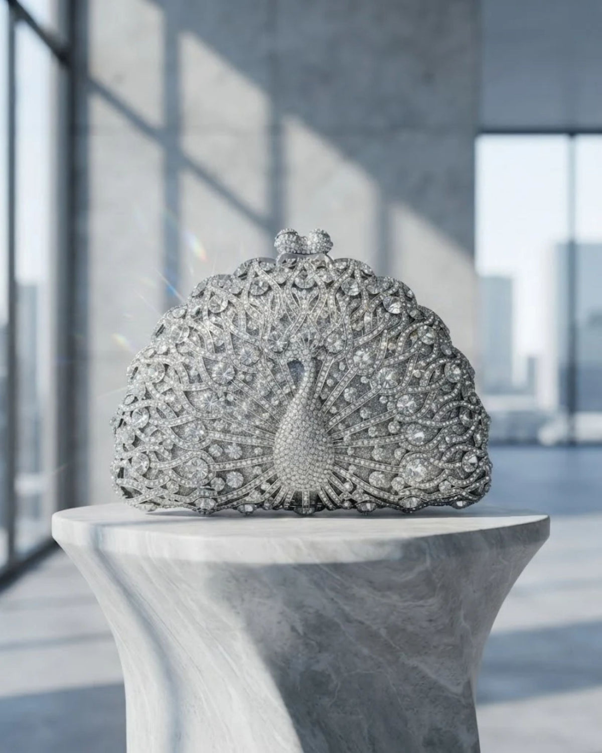 Silver rhinestone crystal clutch bag with fan-style embellished front and top clasp