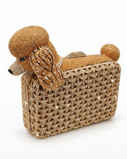 Gold crystal dog clutch handbag with lattice rhinestone pattern and top handle