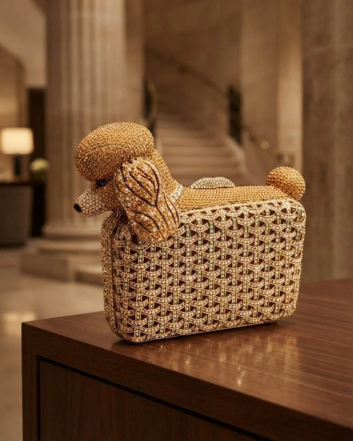 Gold rhinestone dog-shaped evening clutch with sculptural rounded ears and grille