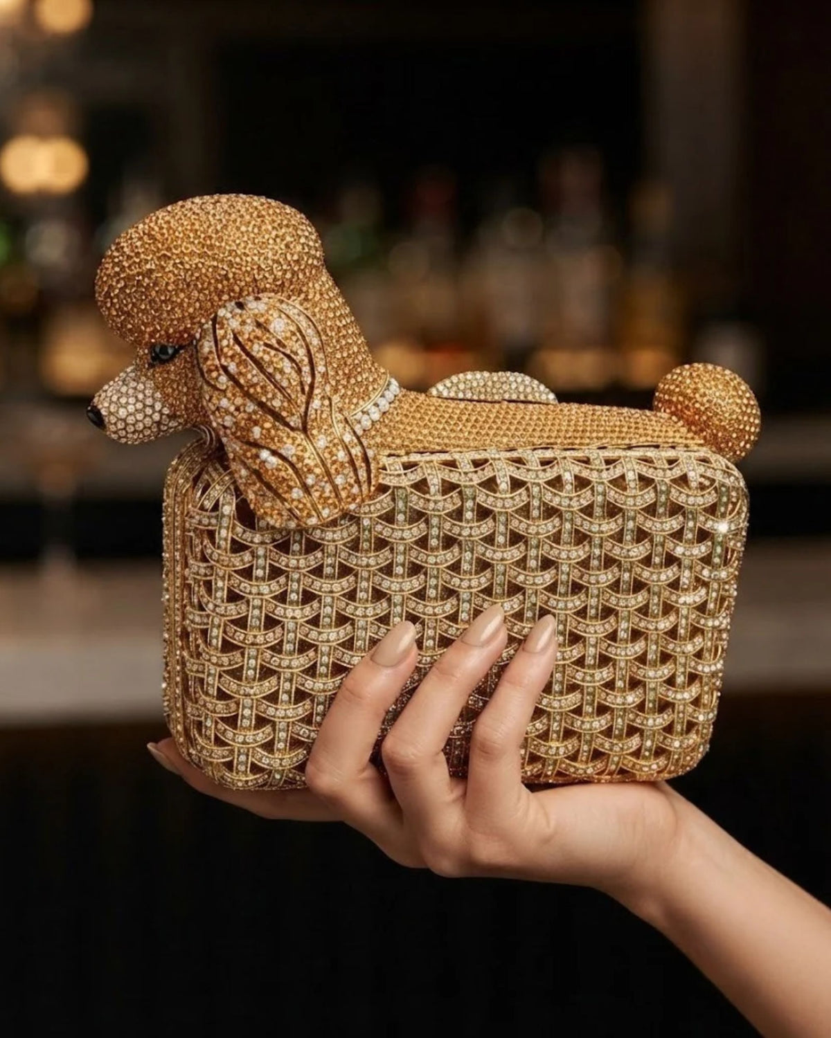 Gold crystal dog clutch with textured rhinestone body; hand holding the bag