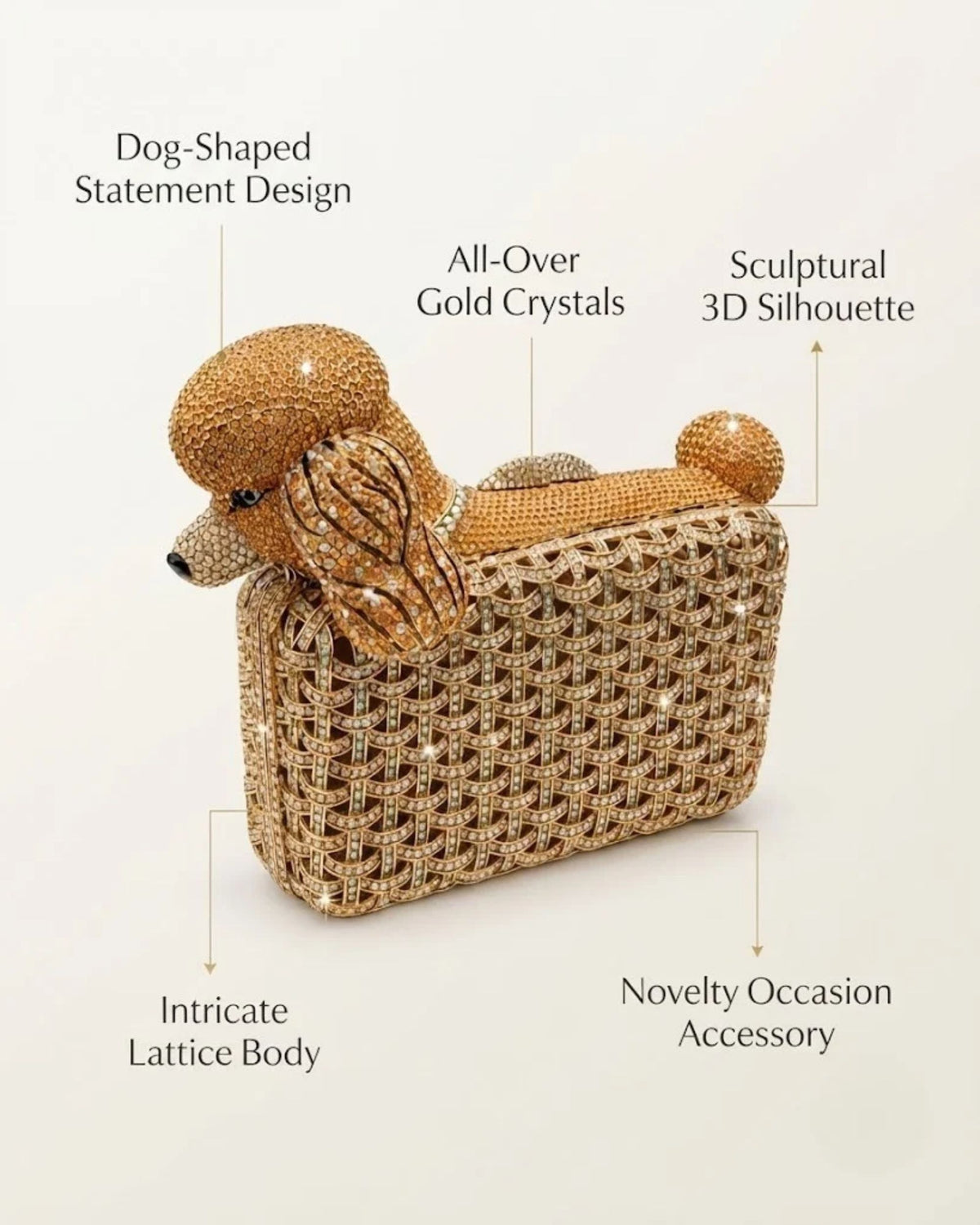 Gold rhinestone dog-shaped clutch bag with lattice chainwork and sculpted head