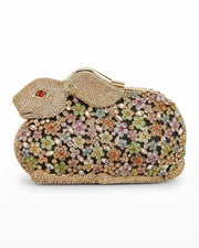 Gold-toned crystal rabbit clutch with multicolour rhinestones and top clasp