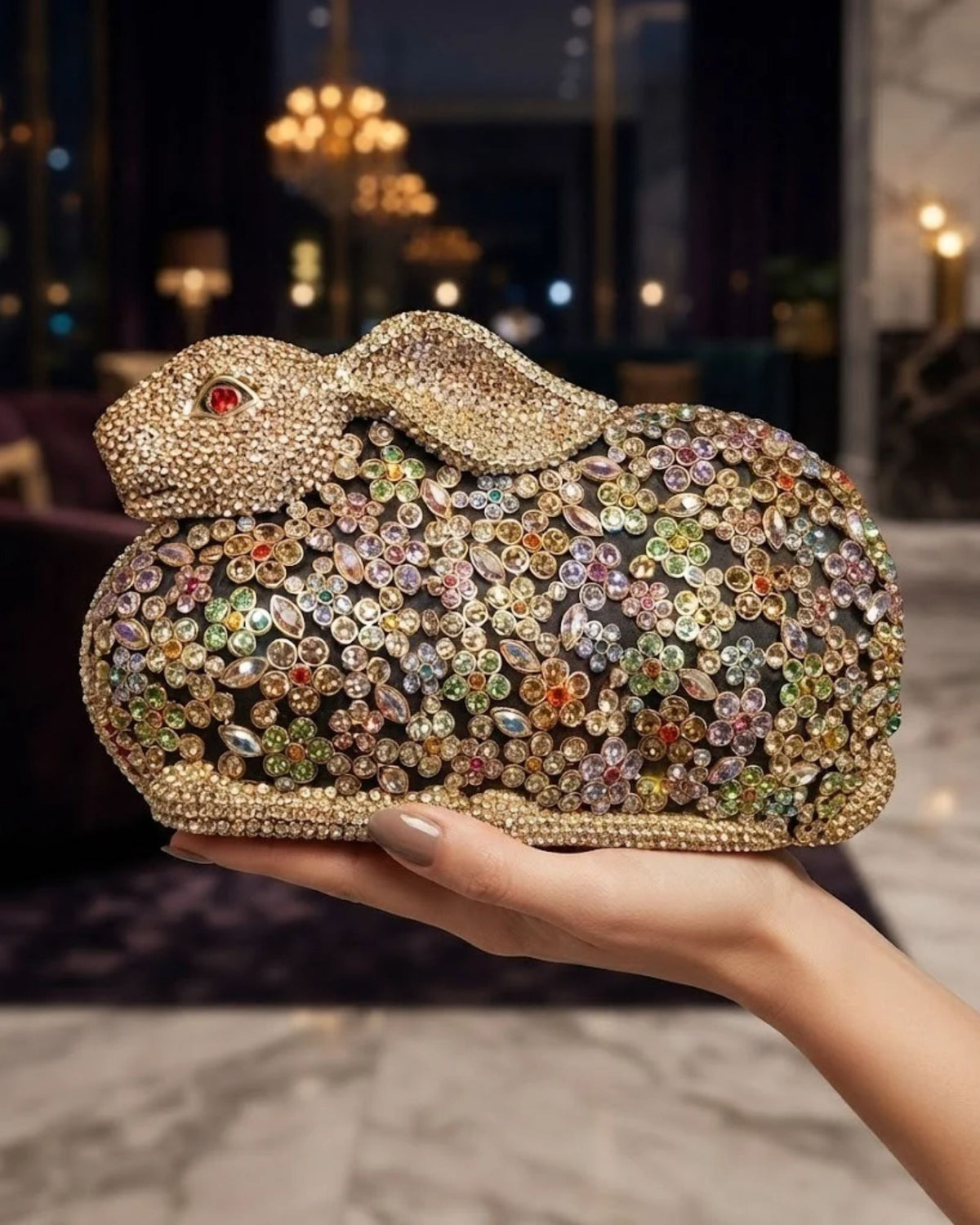Multicolour crystal rabbit clutch with gold-toned clasp, held in a hand