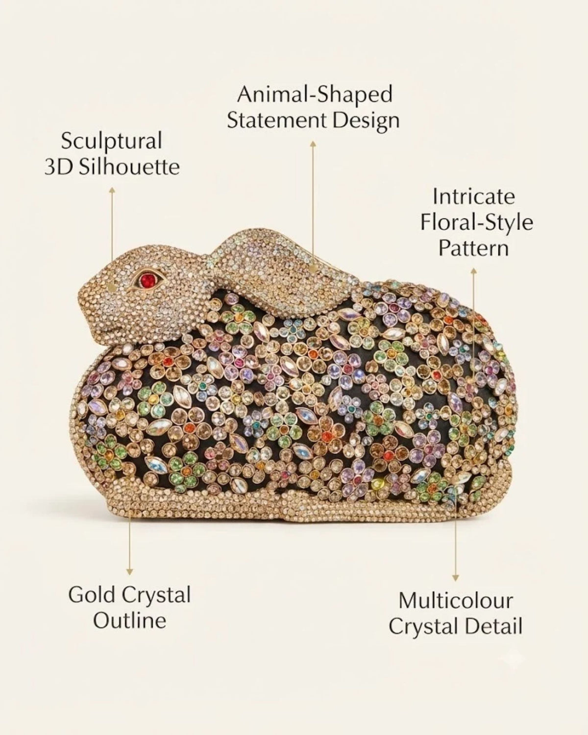Crystal rabbit clutch, multicolour rhinestone overlay with gold-toned sculpted outline