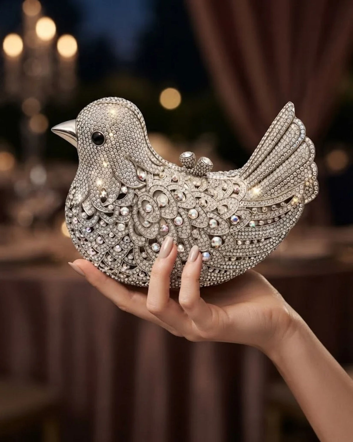 Silver rhinestone bird clutch with intricate crystal scrollwork and raised fan tail
