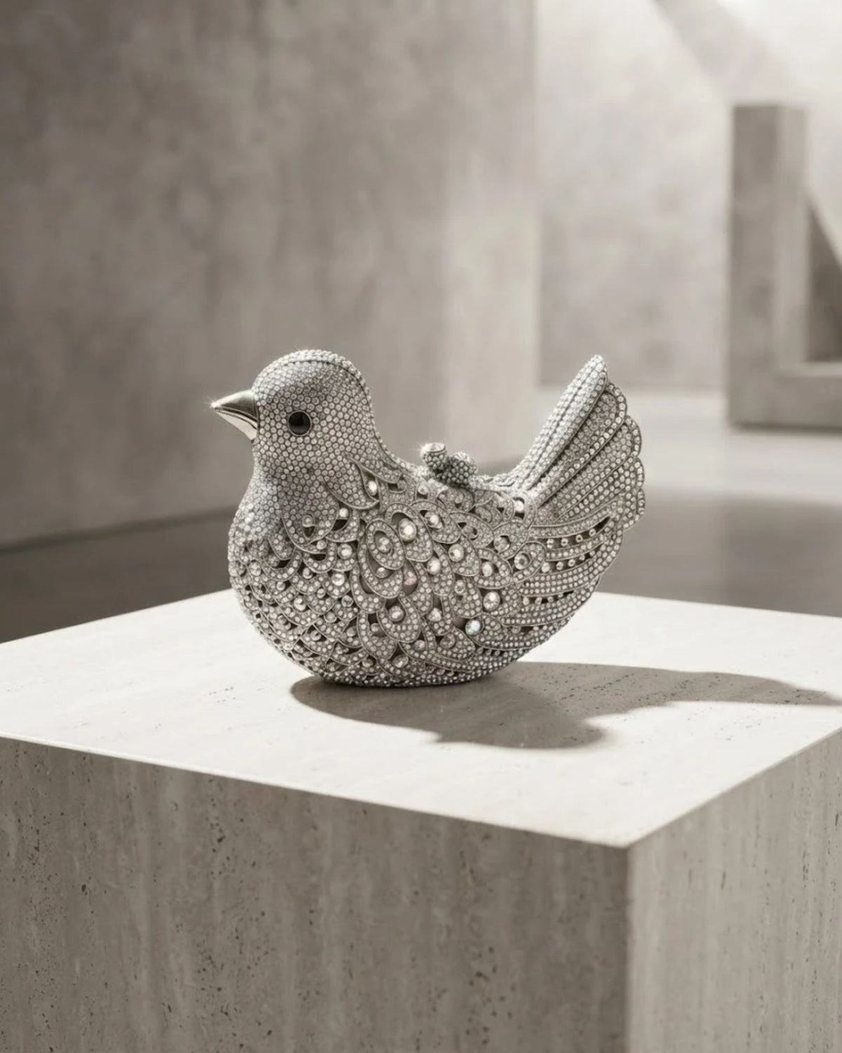 Silver rhinestone bird-shaped clutch with sculpted raised tail and crystal details