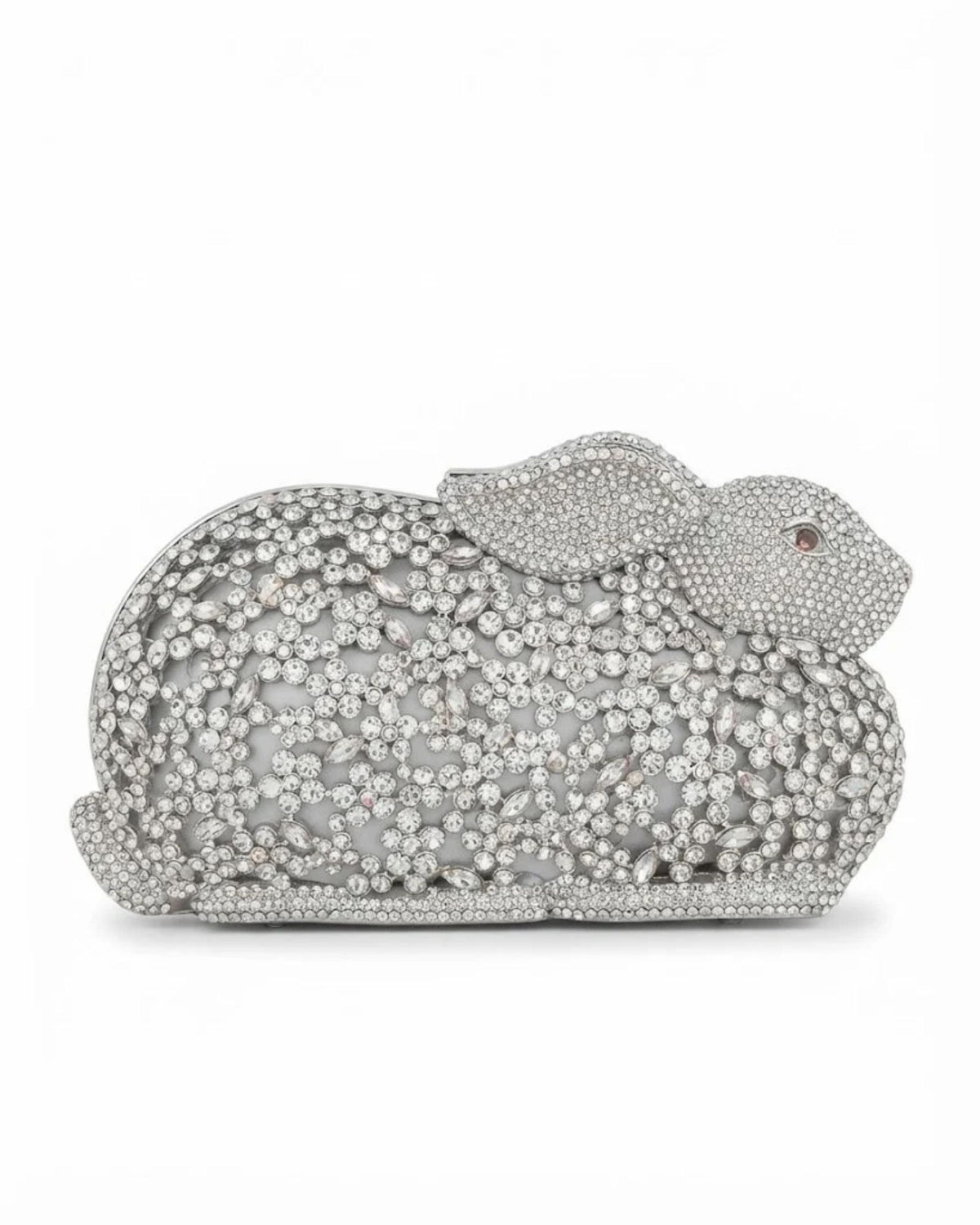 Silver crystal rabbit-shaped clutch with sparkling rhinestone texture and rounded shell shape