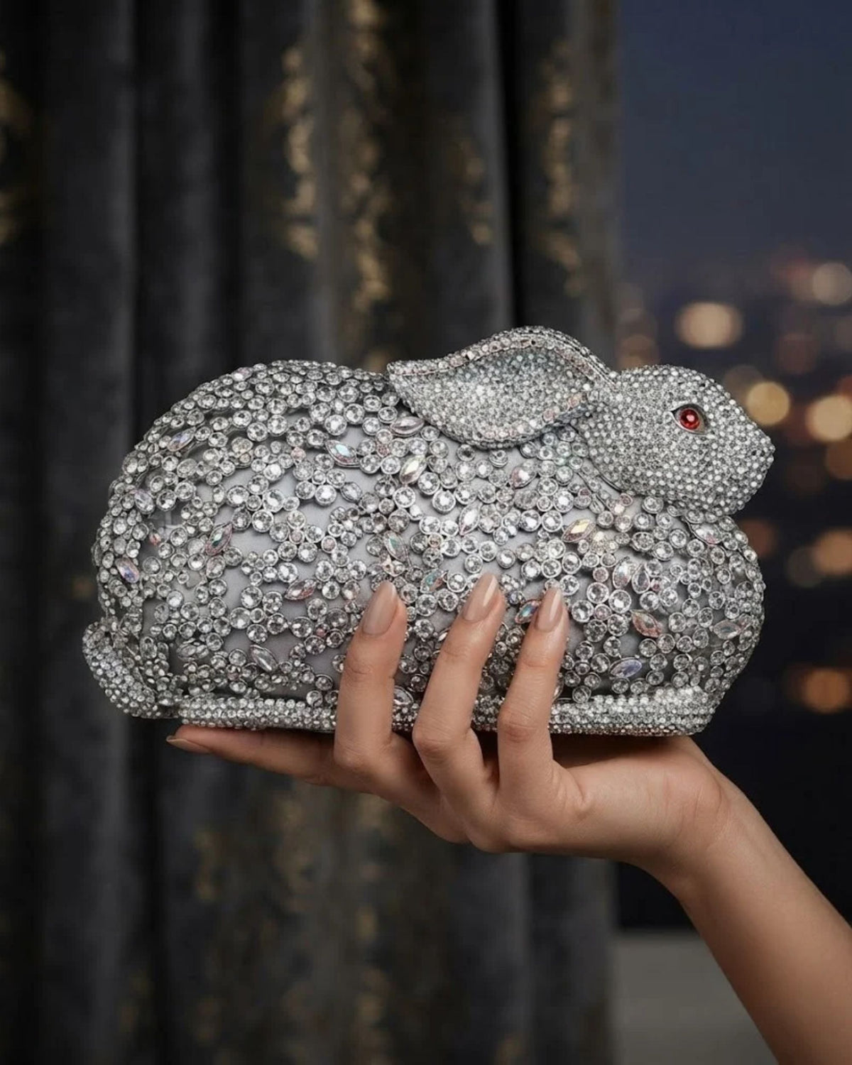Silver rhinestone rabbit-shaped clutch held in hand, jeweled body and red eyes