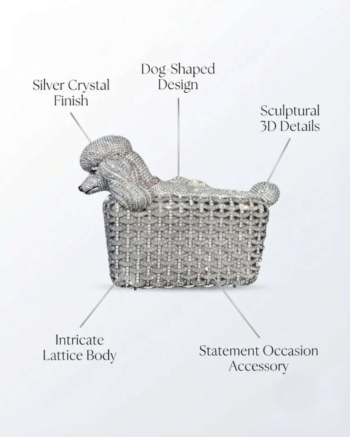 Silver crystal dog-shaped clutch with intricate lattice body and sculptural 3D details