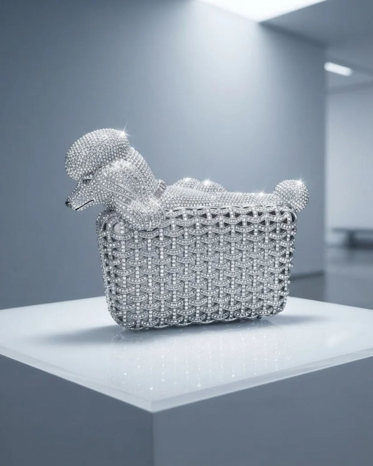 Silver crystal dog clutch with faceted rhinestone texture and sculpted head
