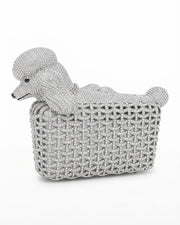 Silver dog-shaped rhinestone clutch with 3D head and curled ears detail