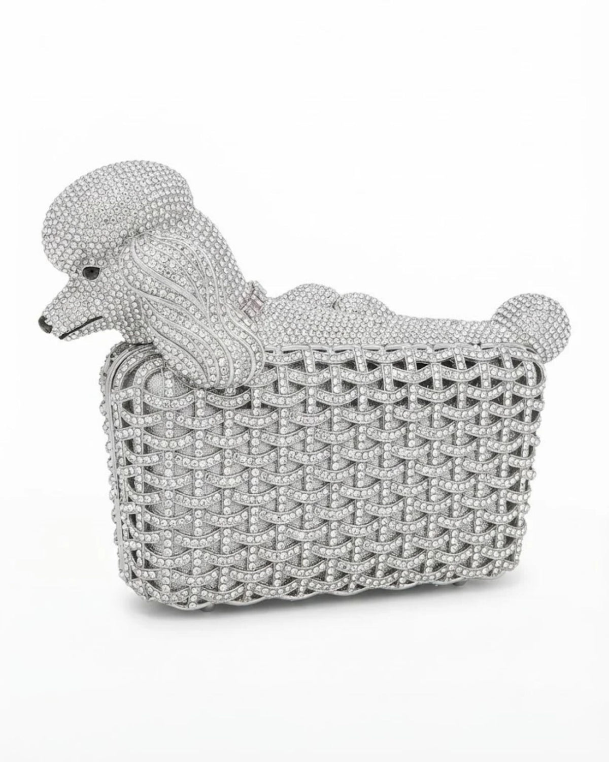 Silver dog-shaped rhinestone clutch with 3D head and curled ears detail