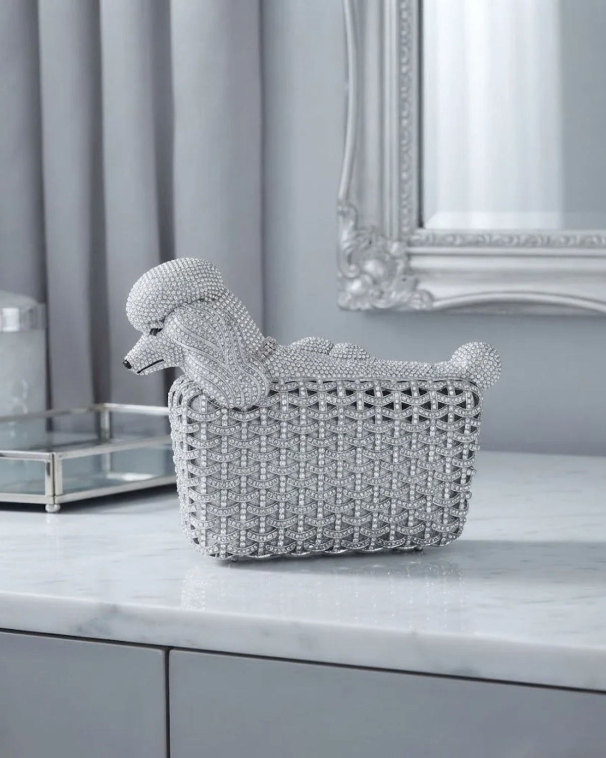 Silver crystal dog-shaped clutch purse, structured chain-lattice body and handle