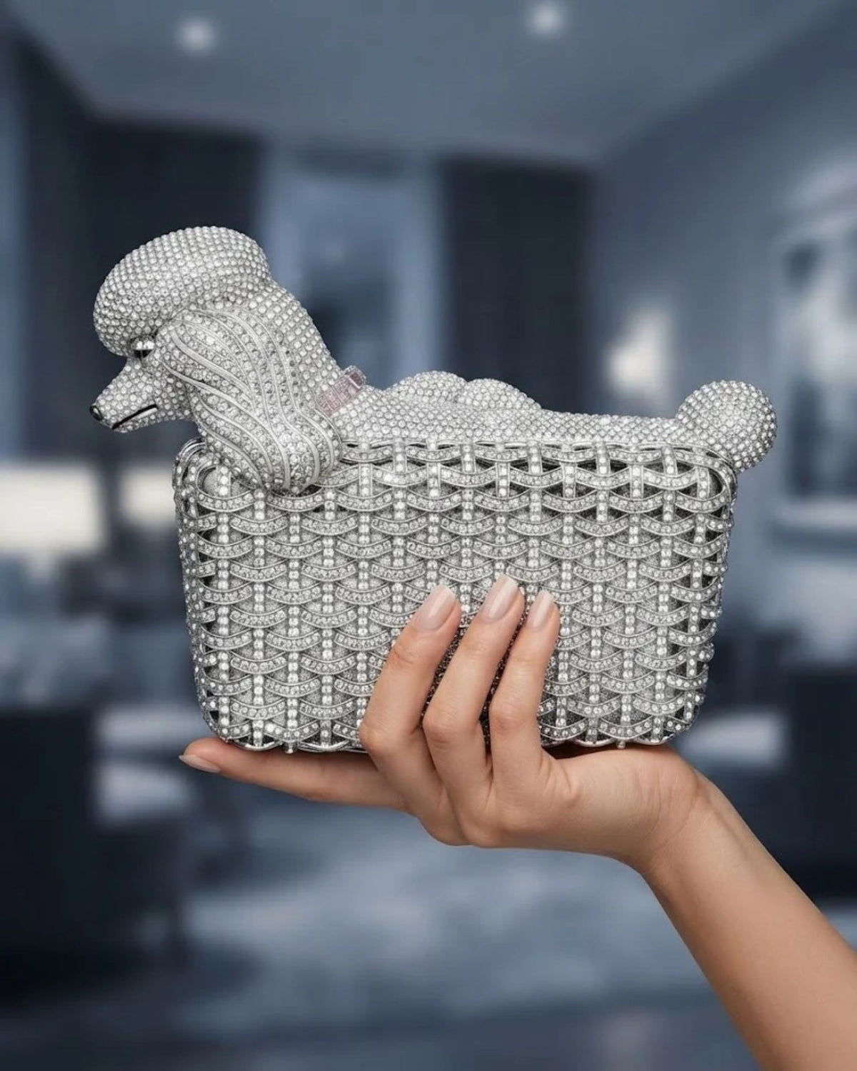Crystal dog-shaped clutch with rhinestone lattice and top handle, silver tone
