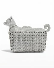 Silver crystal dog-shaped clutch with rhinestone lattice and curled tail