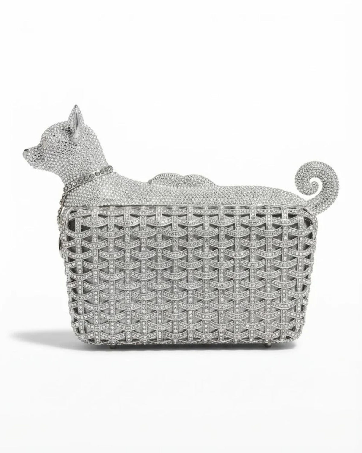 Silver crystal dog-shaped clutch with rhinestone lattice and curled tail