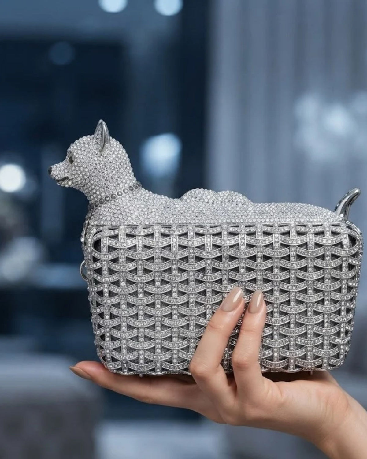 Silver rhinestone dog clutch with lattice pattern, pointed ear and curled tail