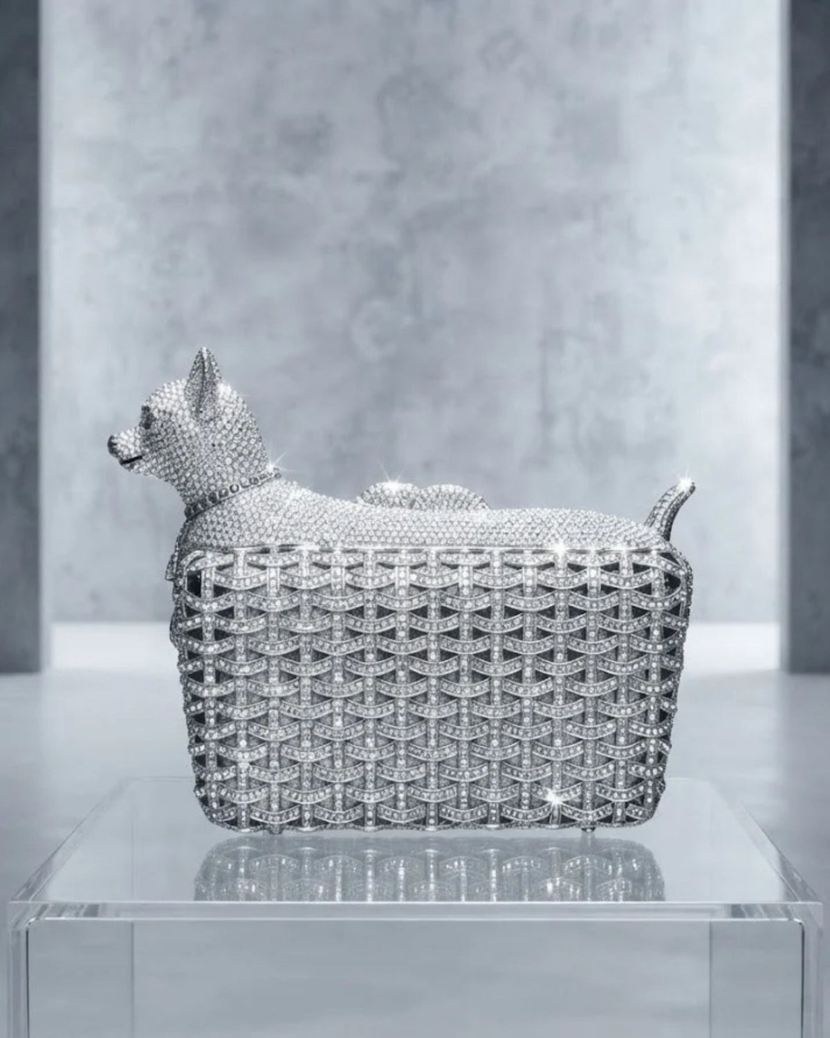 Silver rhinestone dog-shaped clutch with lattice crystal pattern and top handle