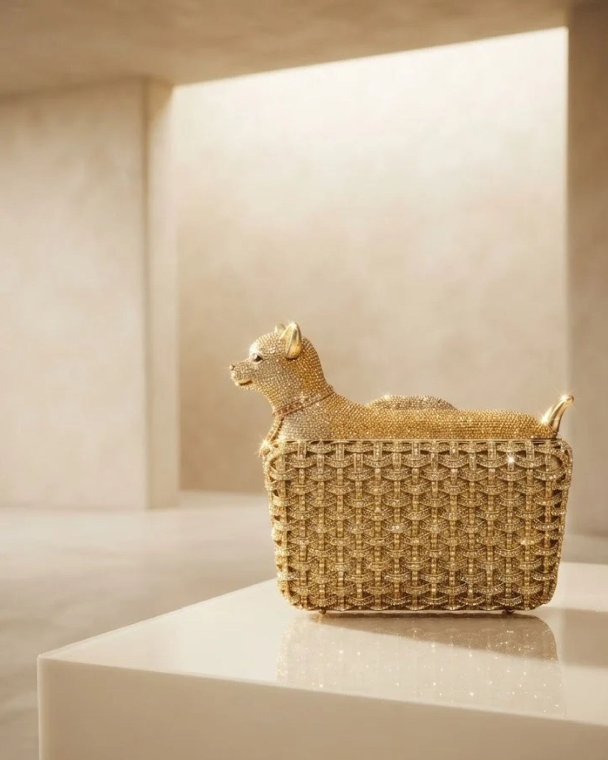 Gold dog-shaped crystal clutch with rhinestone lattice, small evening handbag