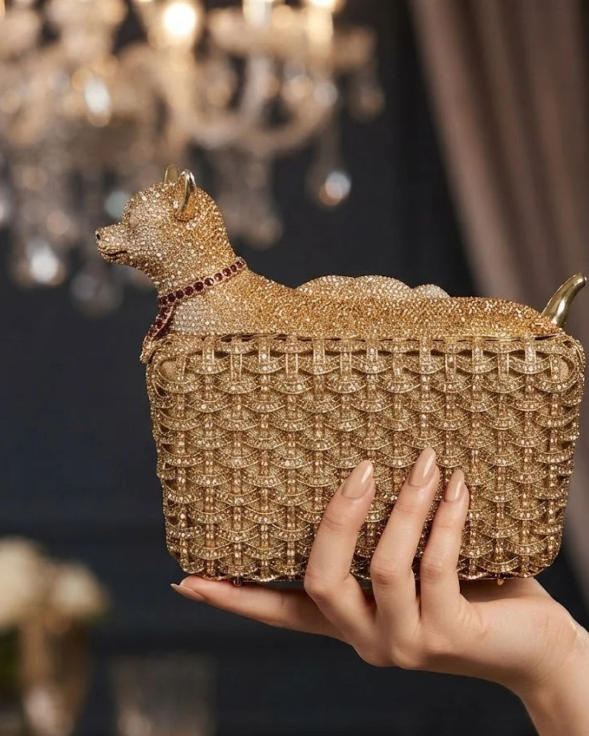 Gold dog-shaped crystal clutch in hand, rhinestone lattice evening bag