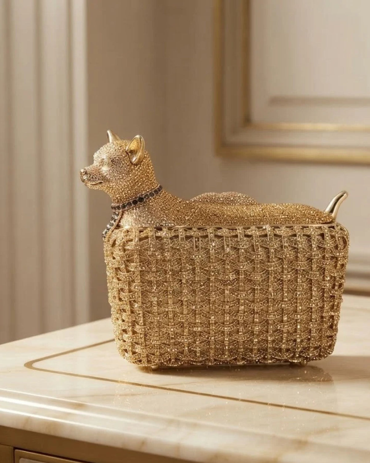 Gold dog-shaped beaded clutch with rhinestone lattice and top clasp