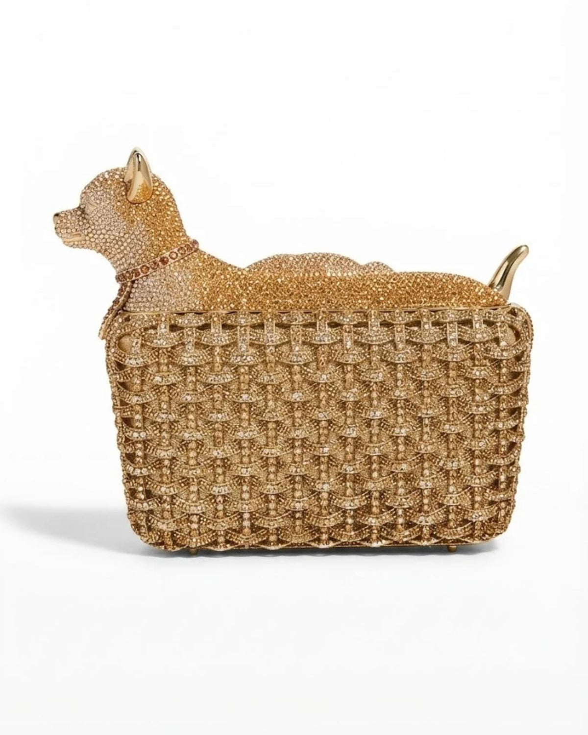 Gold crystal dog clutch with rhinestone lattice, compact evening bag
