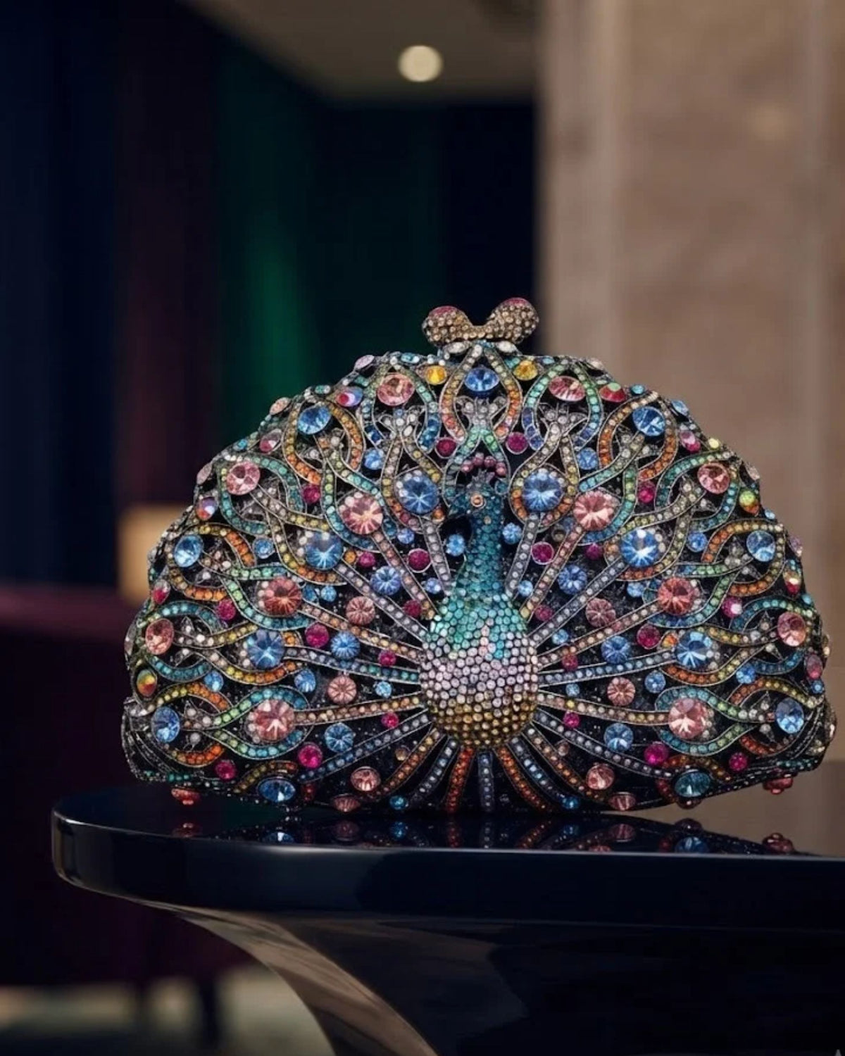 Peacock crystal clutch with multicolour rhinestone fan design and round clasp