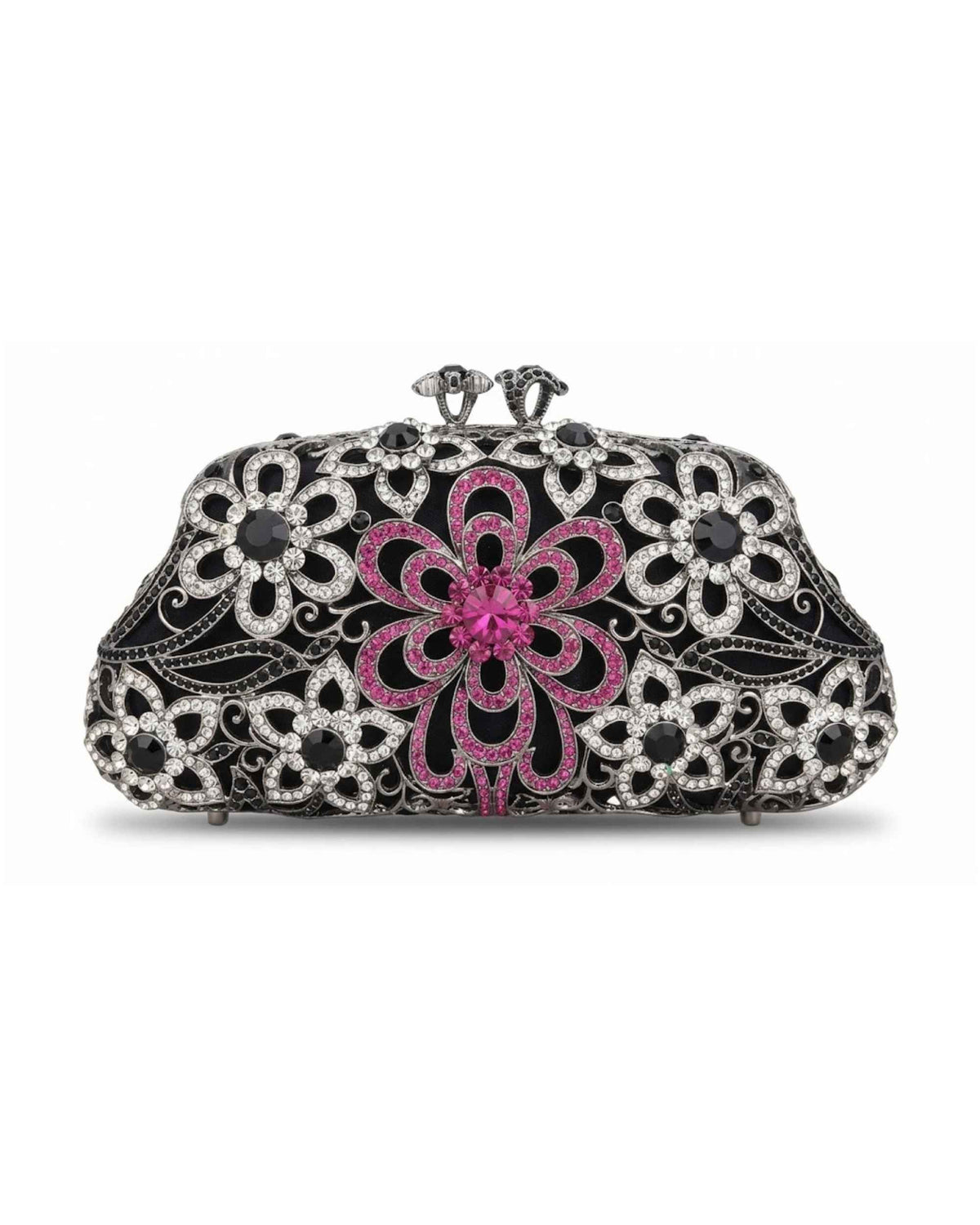 Eternia® Women’s Black & Pink Crystal Floral Clutch – Rhinestone Embellished Statement Evening & Party Handbag