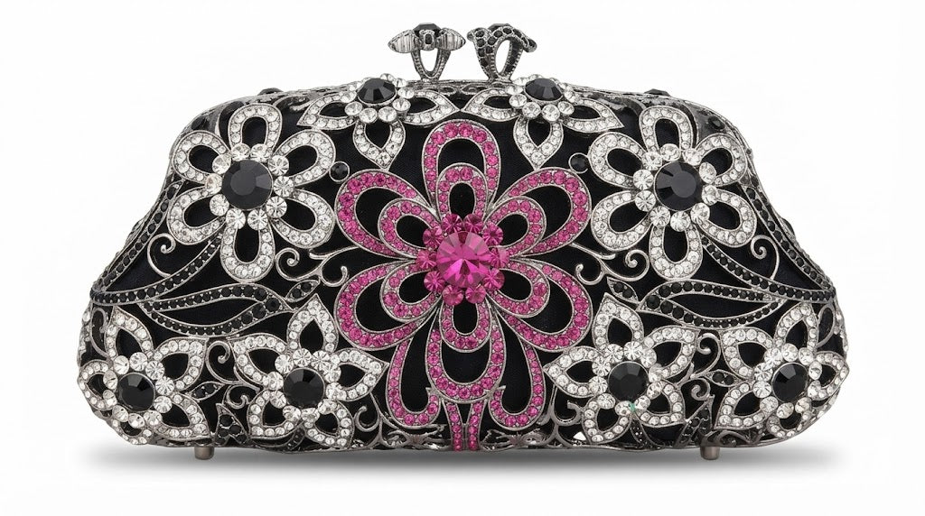 Rhinestone floral crystal clutch with black frame, pink center flower, and top clasp