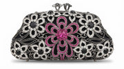 Rhinestone floral crystal clutch with black frame, pink center flower, and top clasp