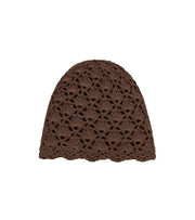 Dark brown crochet beanie hat with openwork floral lace stitch