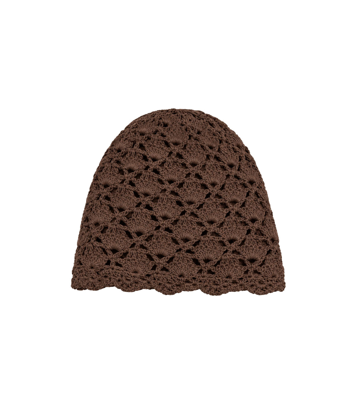 Dark brown crochet beanie hat with openwork floral lace stitch
