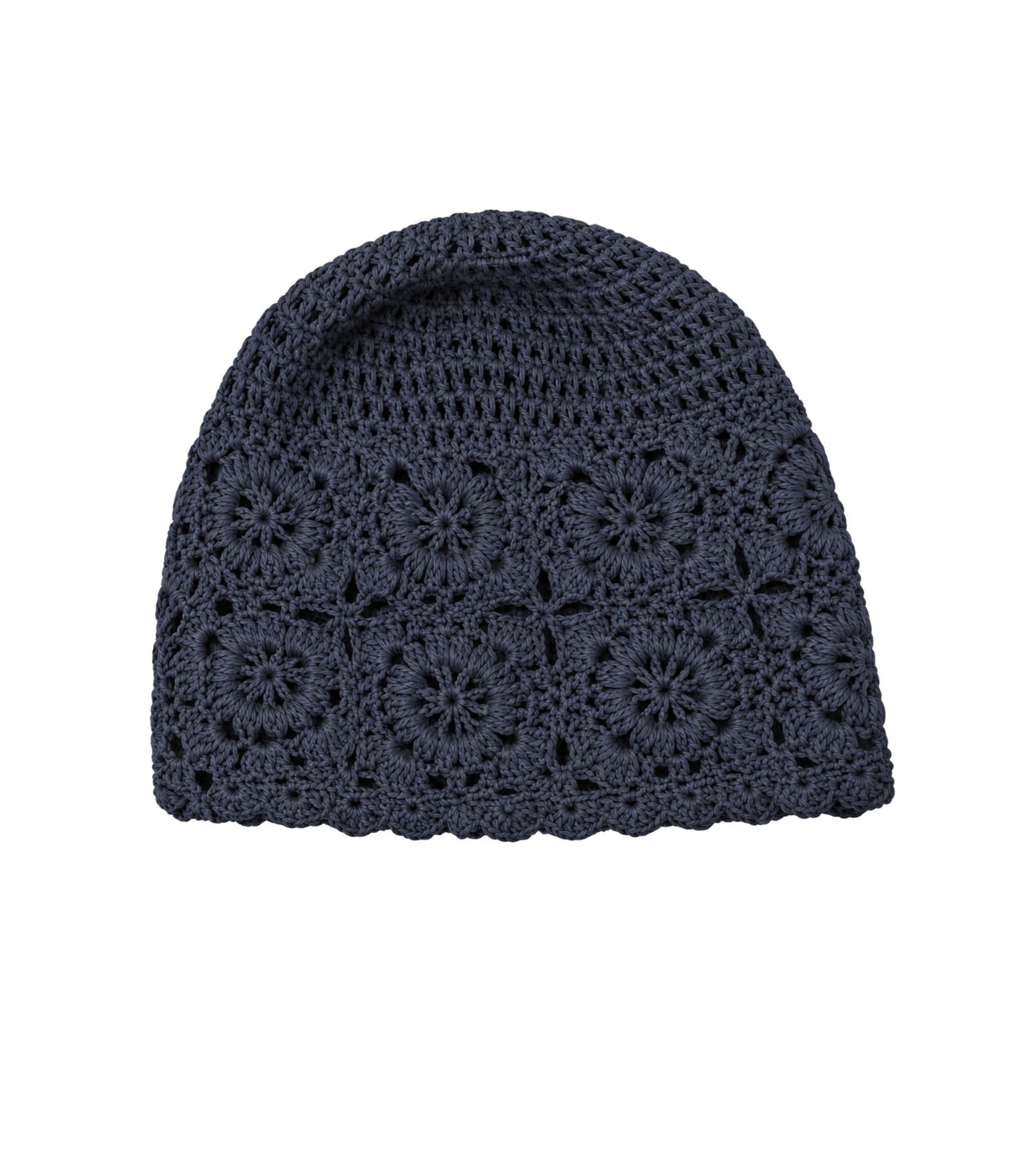 Navy crochet beanie hat with lace flower motifs and textured knit brim
