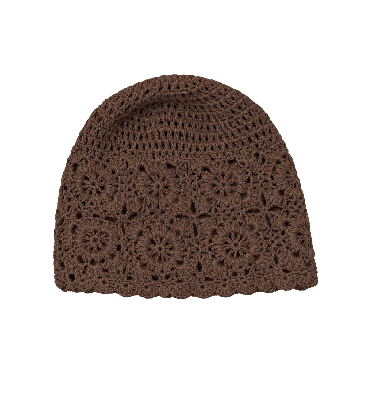 Dark brown crochet beanie hat close-up with floral lace openwork knit pattern